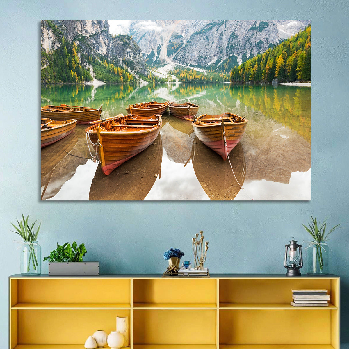 Rowboats on Lake Braies Wall Art in a room, landscape