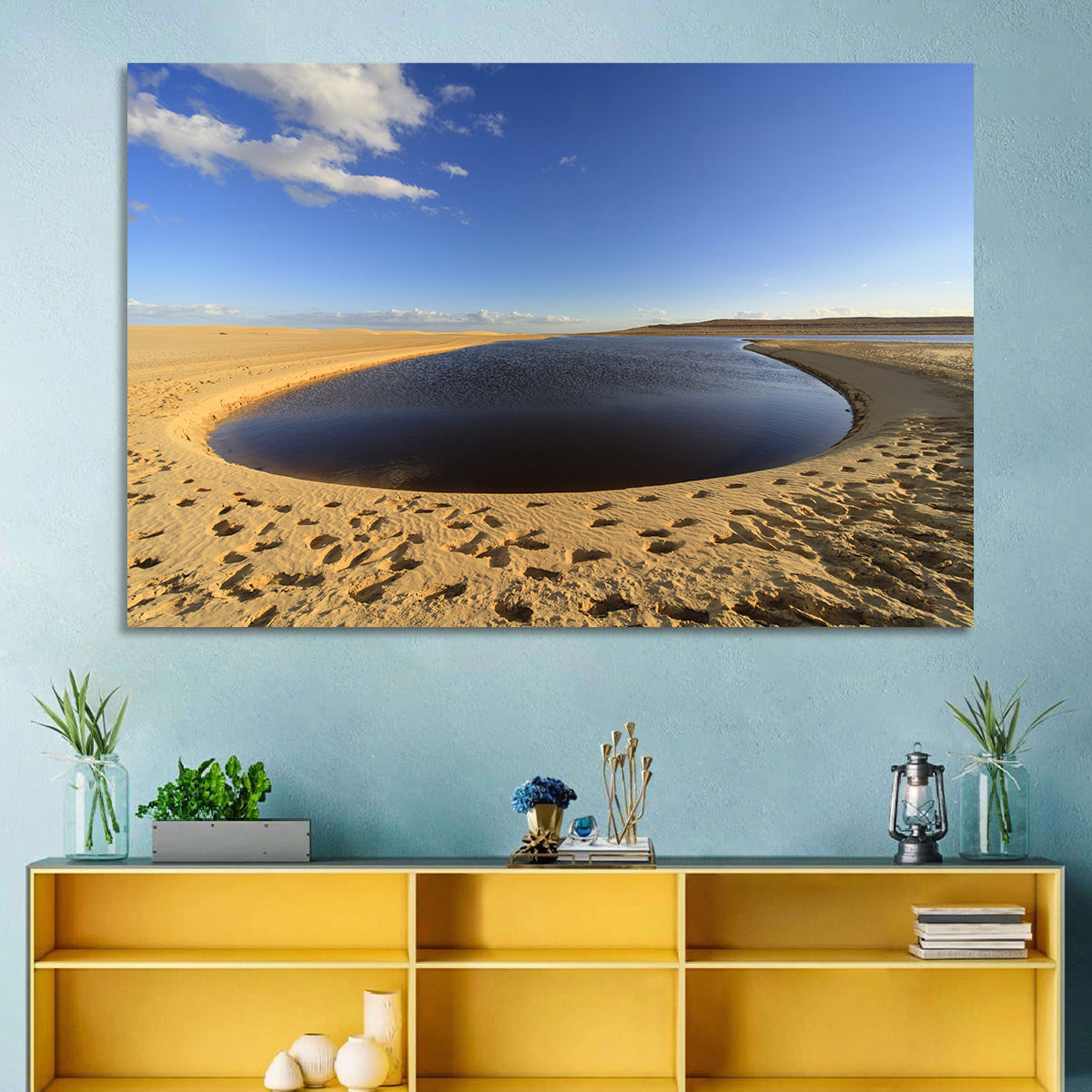 Fayoum Lake Footprints Wall Art in a room, landscape