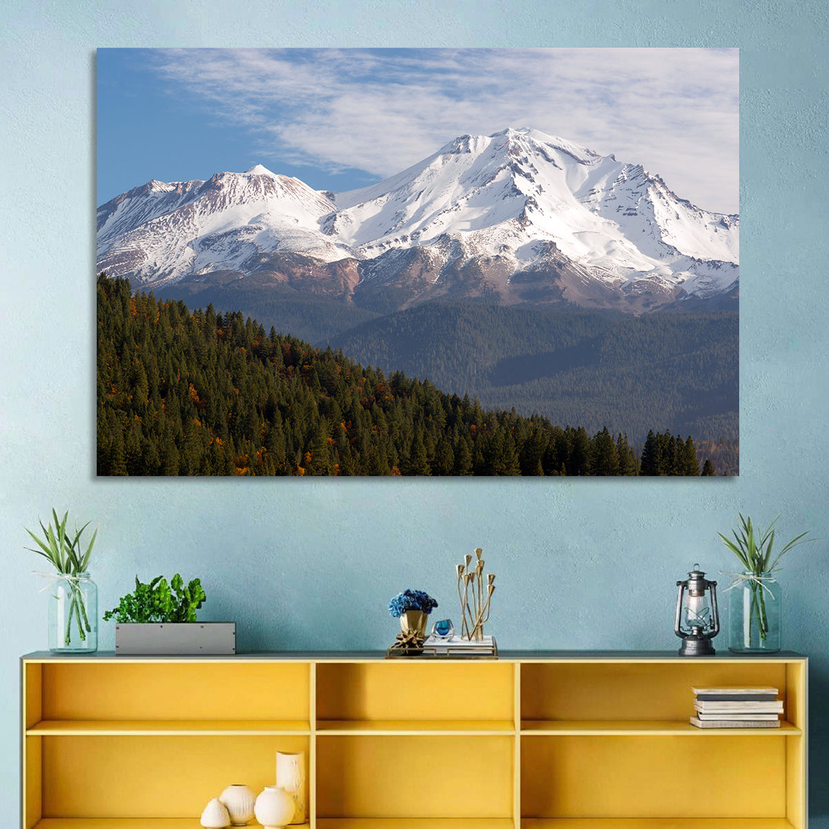 Mount Shasta Snow Peaks Wall Art in a room, landscape