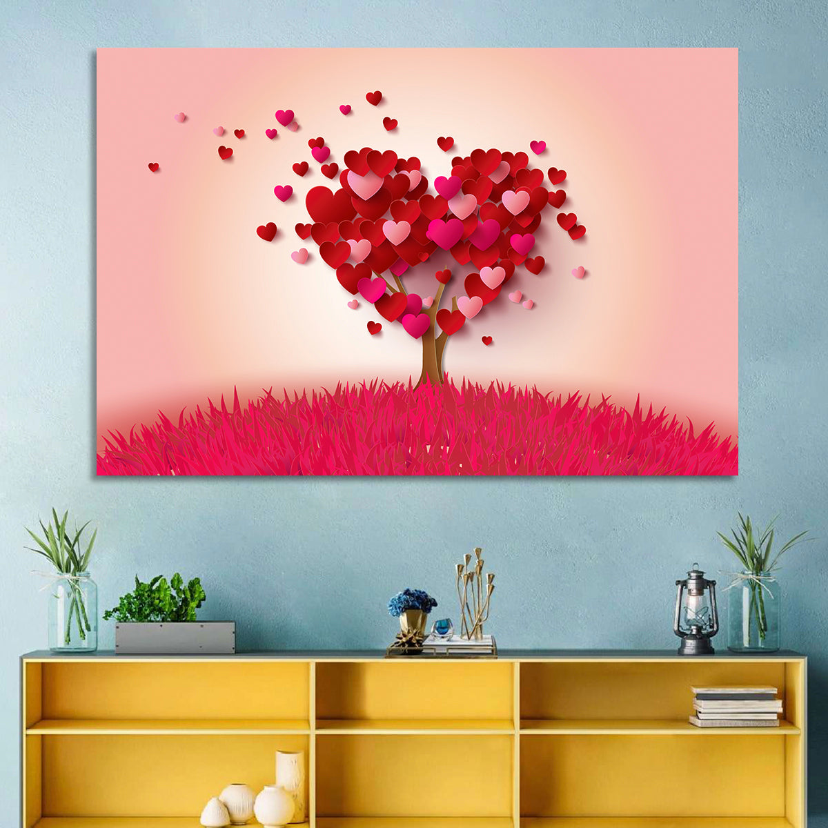 Whimsical Heart Tree Illustration Wall Art in a room, landscape