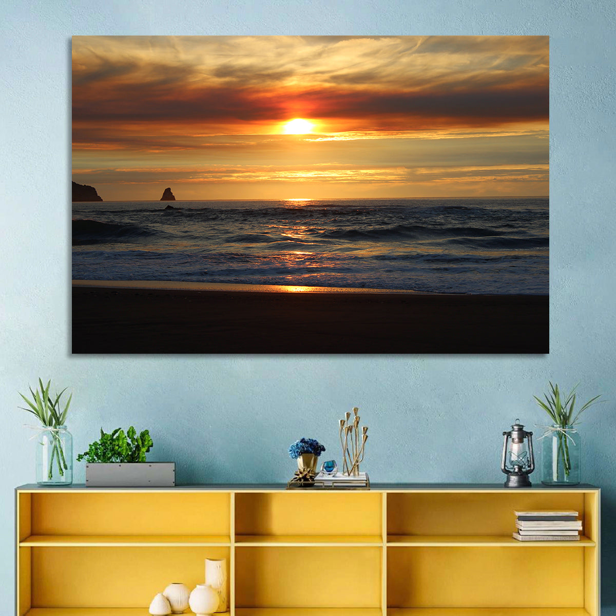 Oregon Sea Stack Sunset Wall Art in a room, landscape
