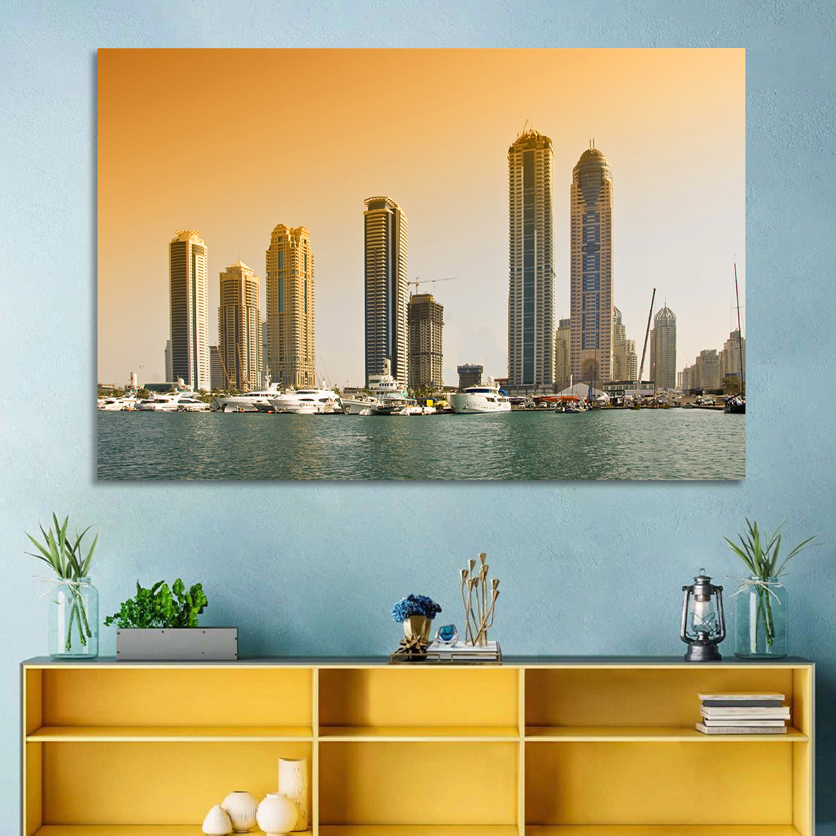 Dubai Marina Sunset Skyline with Yachts Wall Art