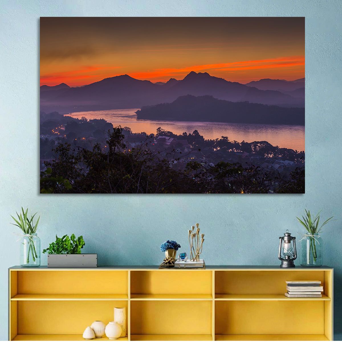 Luang Prabang Sunset Over Mekong Wall Art in a room, landscape