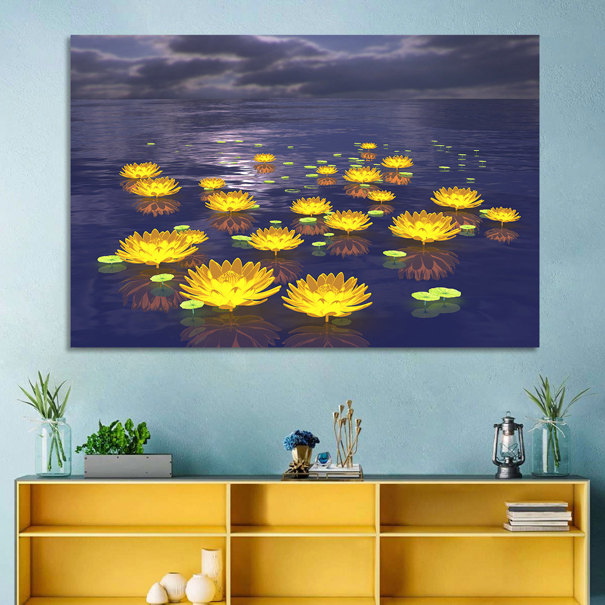 Floating Lotus at Dusk Wall Art in a room, landscape