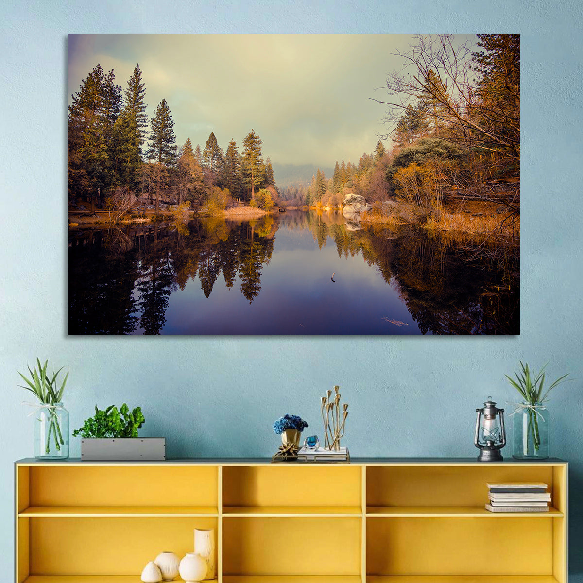 Misty Lake Fulmor Reflection Wall Art in a room, landscape