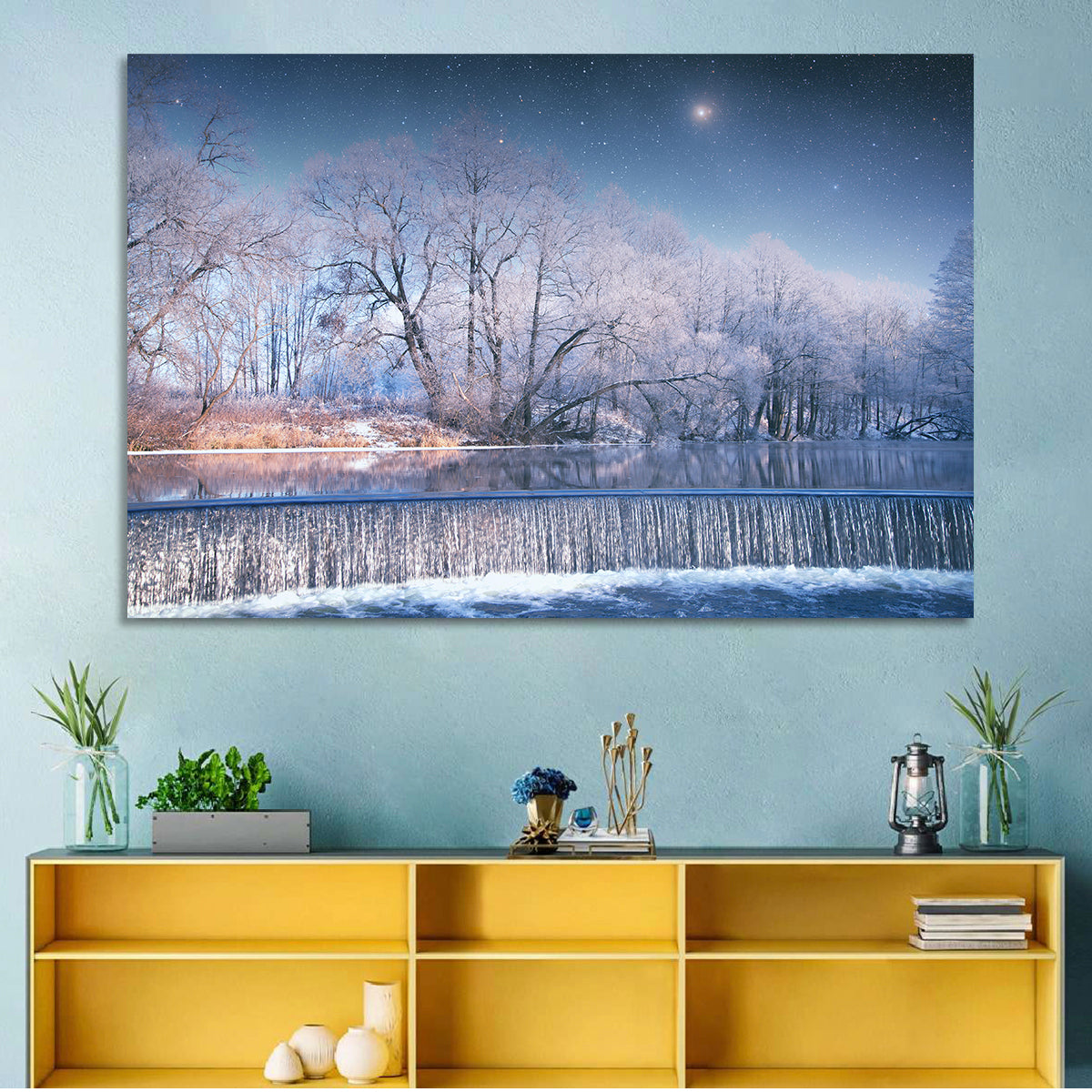 Starlit Winter Waterfall Wall Art in a room, landscape