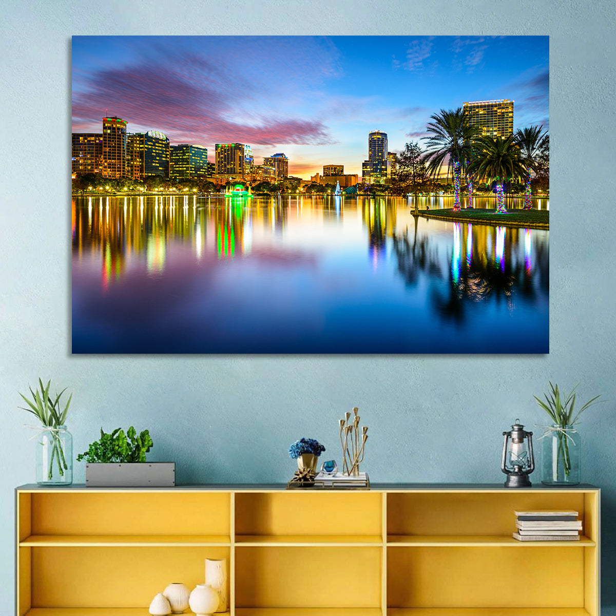 Orlando Lake Eola Skyline Wall Art in a room, landscape