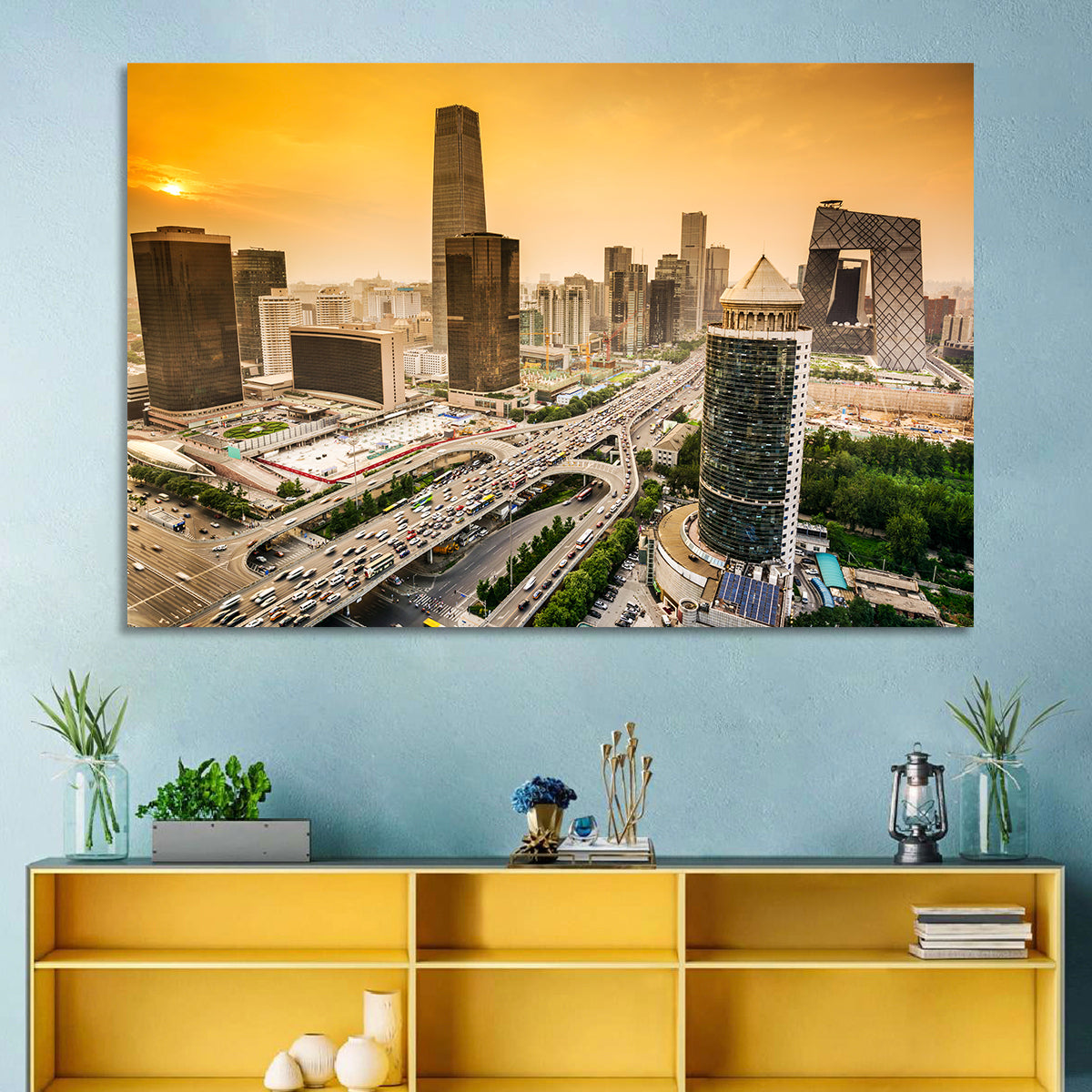 Beijing Cbd Skyline at Sunset Wall Art in a room, landscape
