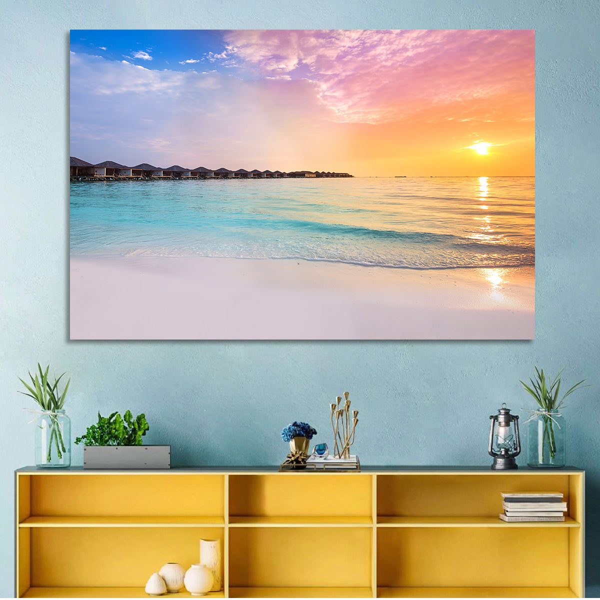 Overwater Bungalows at Sunset Wall Art in a room, landscape