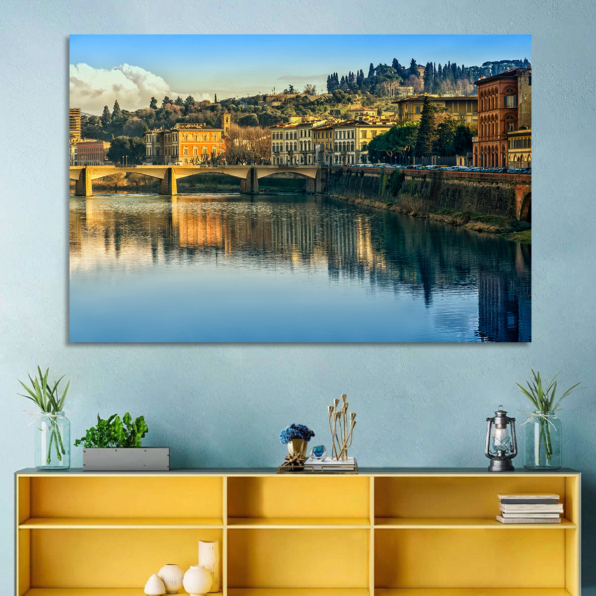 Golden Hour Florence Over the Arno River Wall Art in a room, landscape