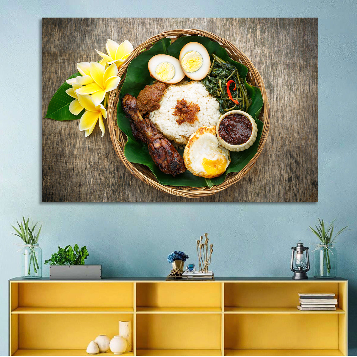 Nasi Campur in Woven Basket Wall Art in a room, landscape