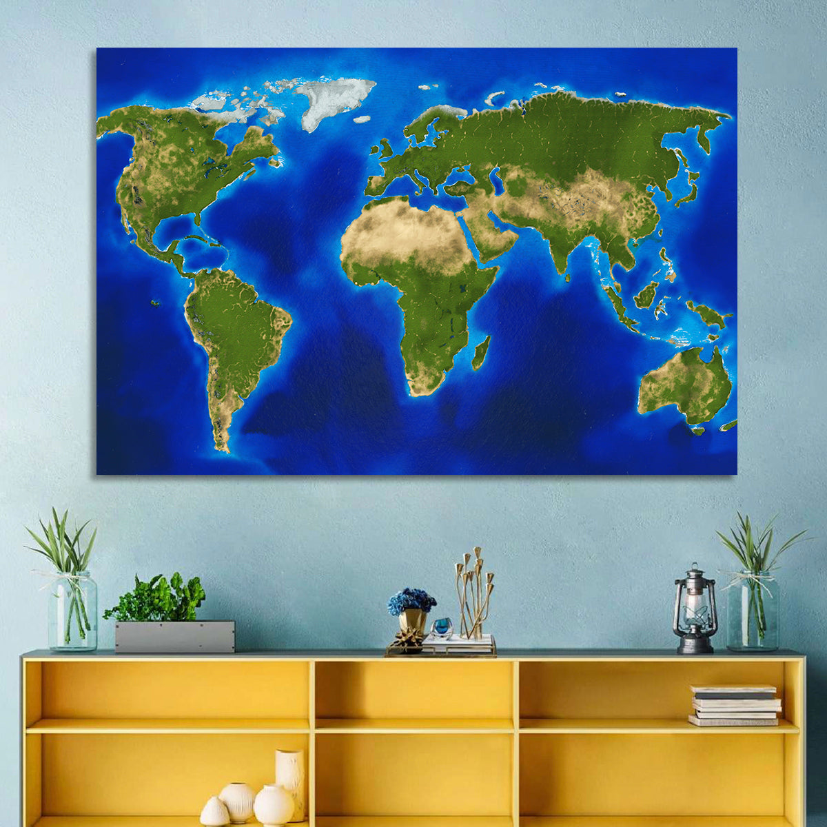 Satellite-style Blue World Map Wall Art