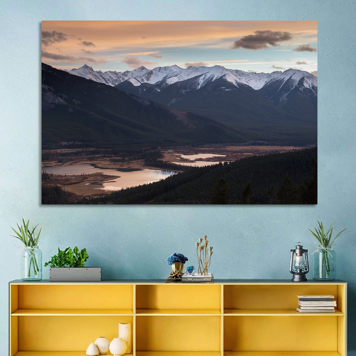 Banff Mountain Lake at Dusk Wall Art in a room, landscape