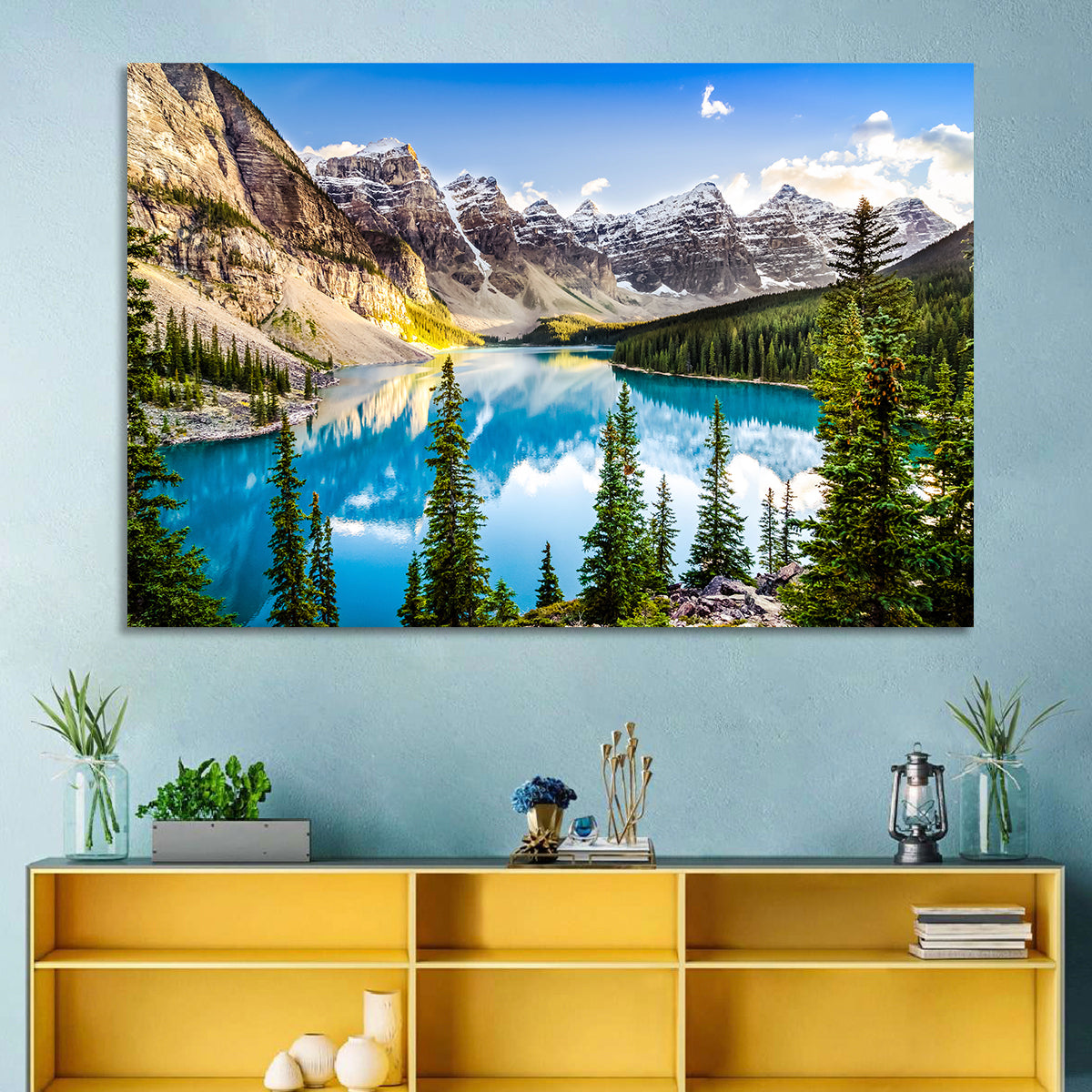 Moraine Lake Reflections Wall Art in a room, landscape