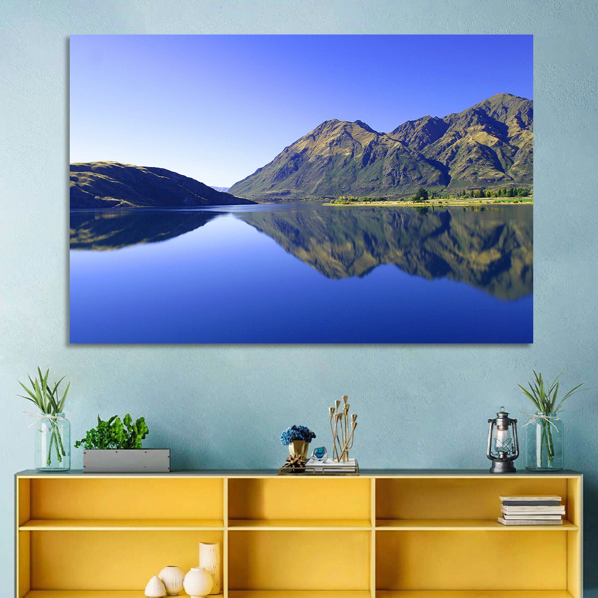 Lake Hawea Mirror Reflection Wall Art in a room, landscape