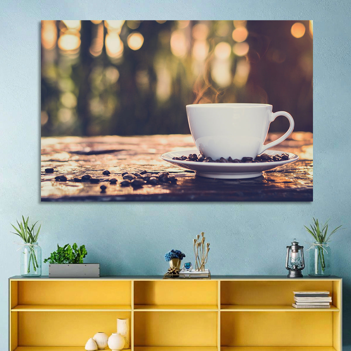 Steaming White Coffee Cup Wall Art in a room, landscape