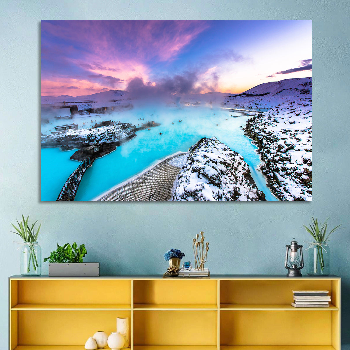 Blue Lagoon Grindavík Sunrise Wall Art in a room, landscape