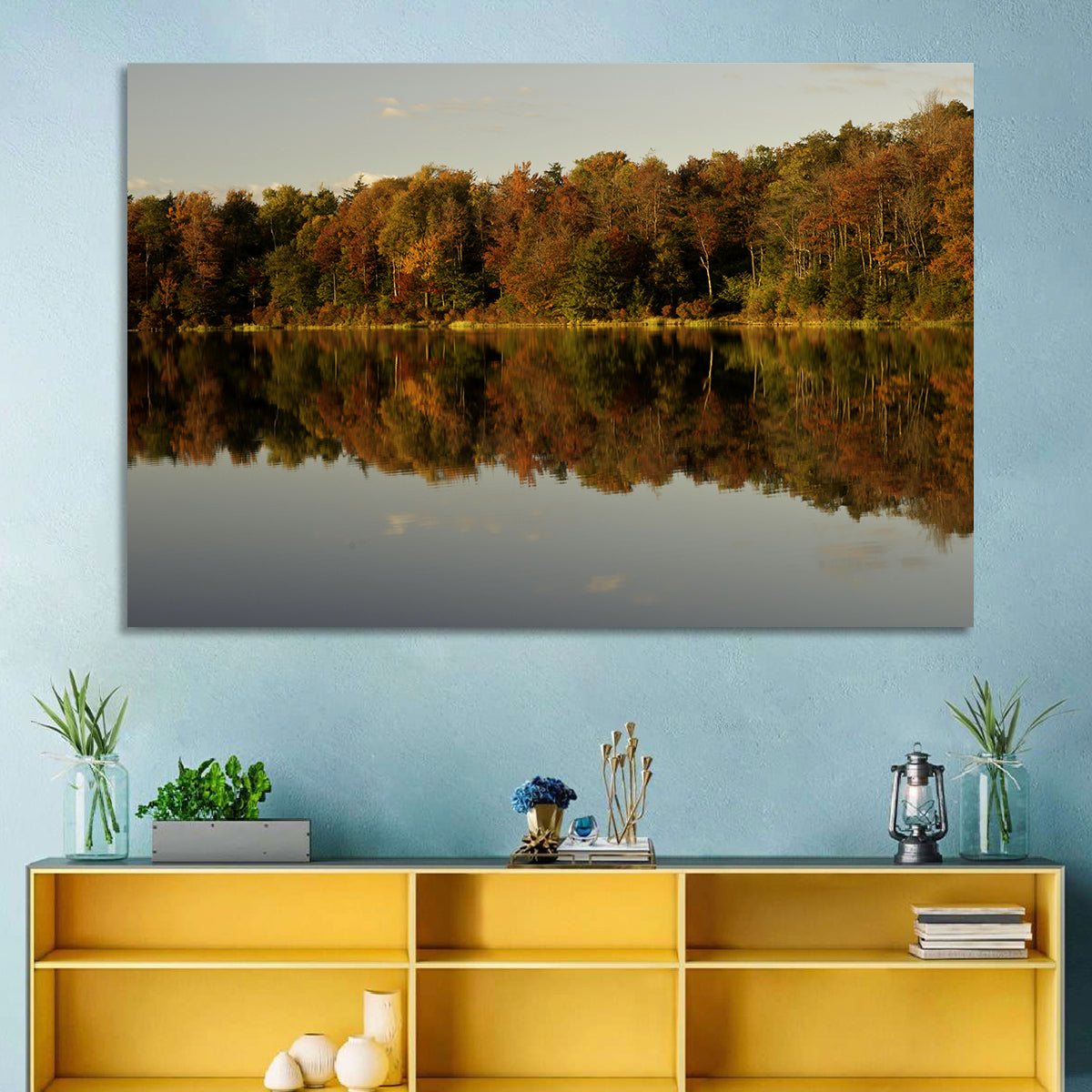 Lake Jean Reflection Wall Art in a room, landscape