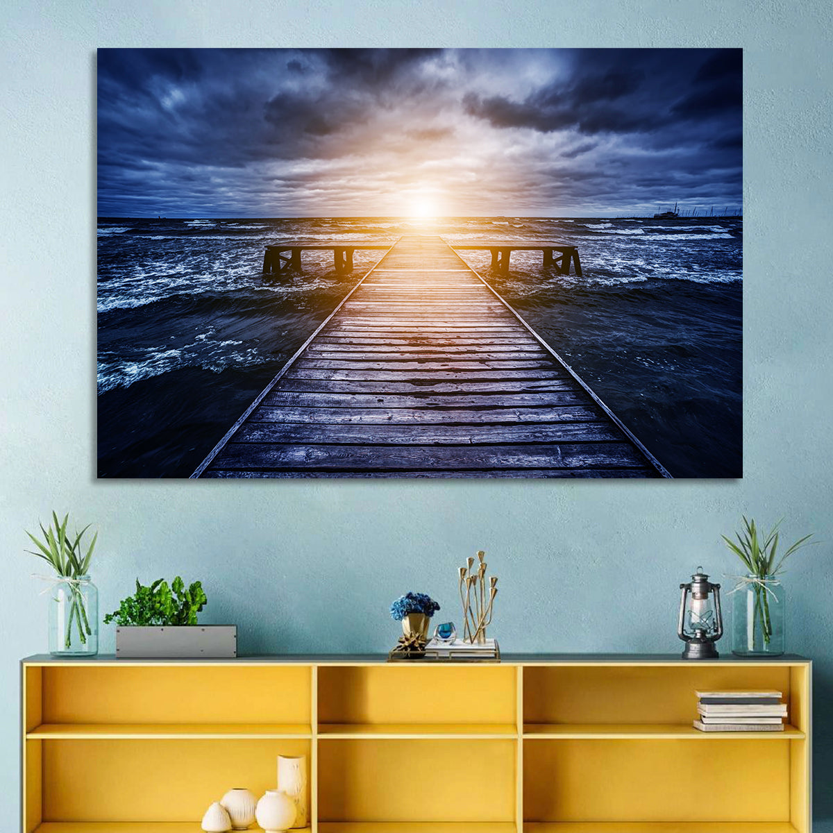 Sunlit Wooden Jetty at Dusk Wall Art in a room, landscape