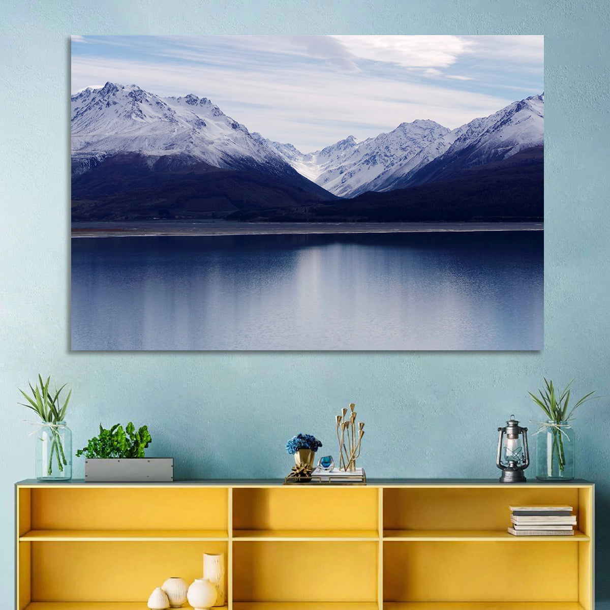 Lake Pukaki Reflection Wall Art in a room, landscape
