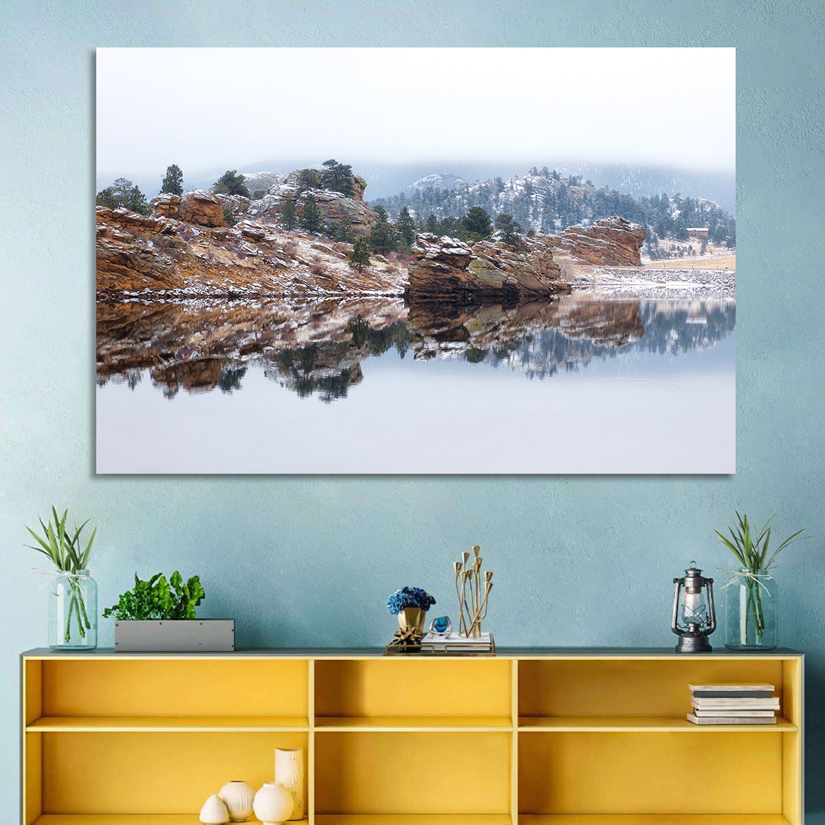 Marys Lake Foggy Reflection Wall Art in a room, landscape