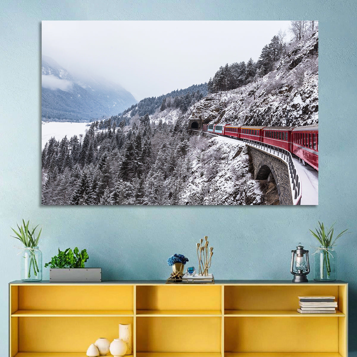 Red Train at Landwasser Viaduct Wall Art in a room, landscape