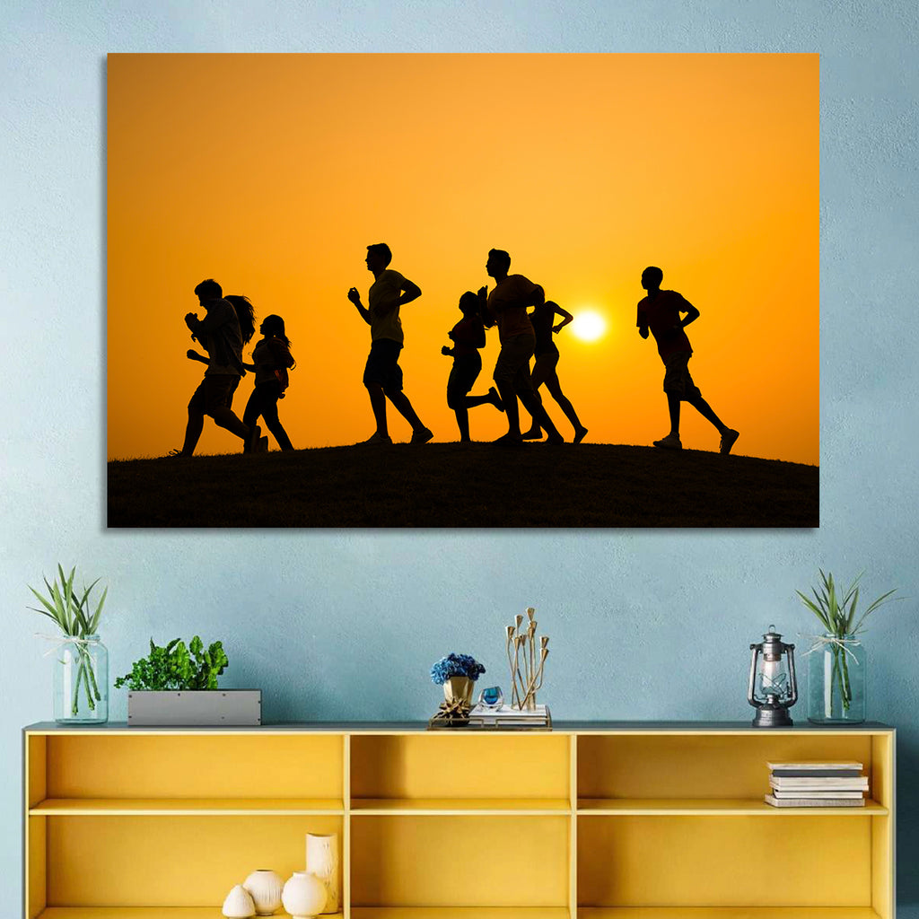 Six Runners Silhouette at Golden Sunset Wall Art