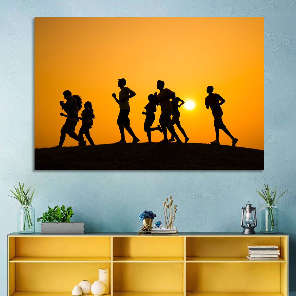 Six Runners Silhouette at Golden Sunset Wall Art
