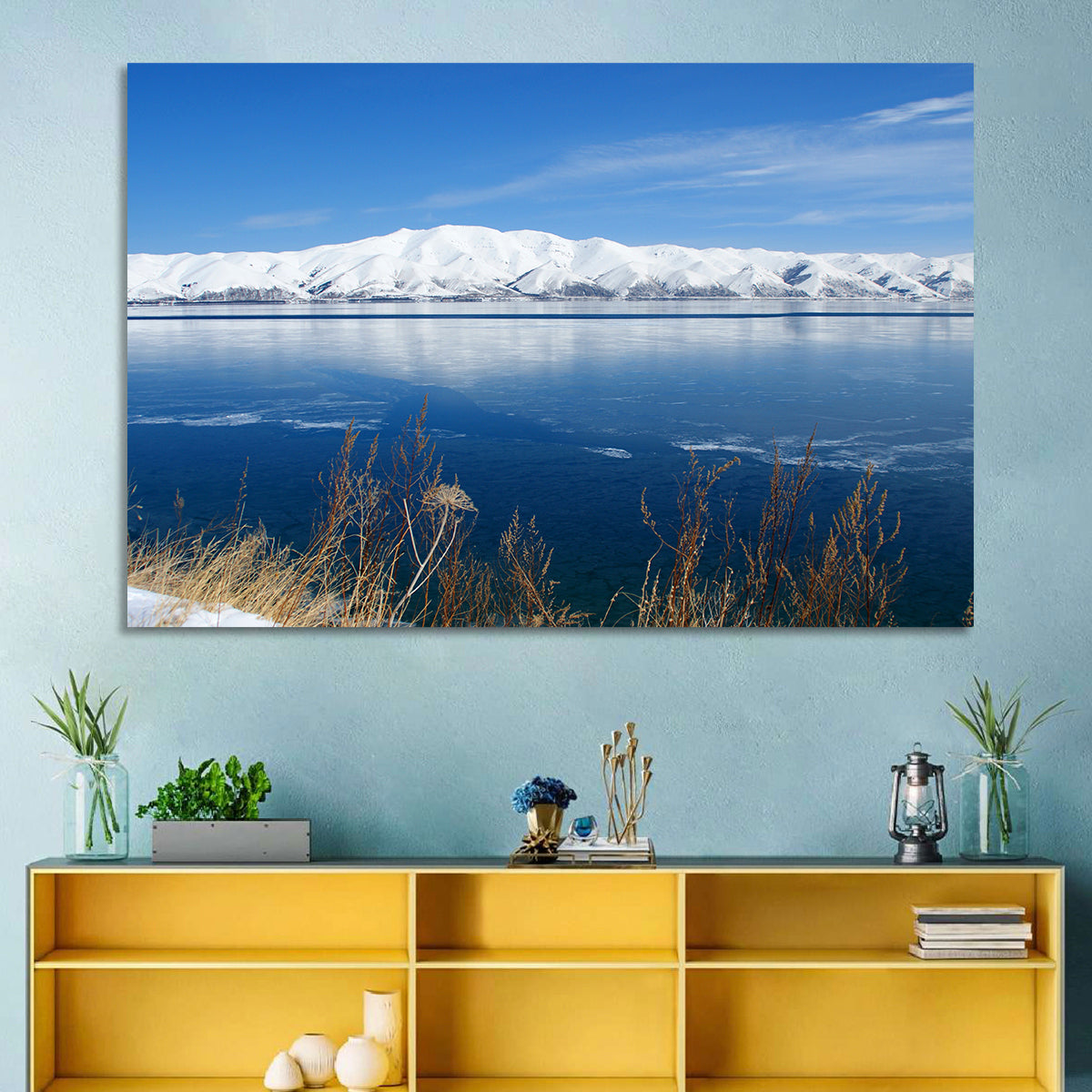Winter at Lake Sevan Wall Art in a room, landscape