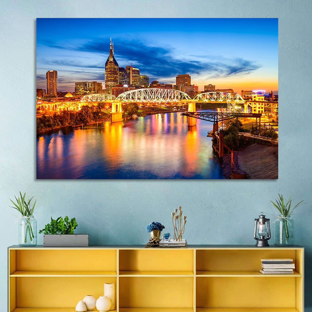 Nashville Skyline at Twilight Bridge Reflections Wall Art