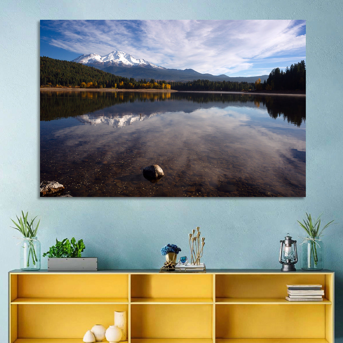 Mount Shasta Reflection at Lake Siskiyou Wall Art in a room, landscape