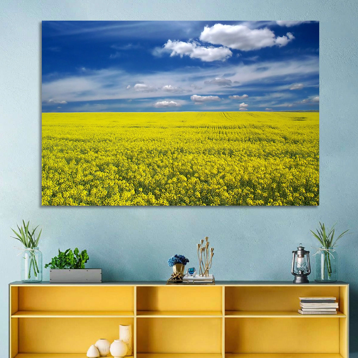 Sunlit Canola Field Wall Art in a room, landscape