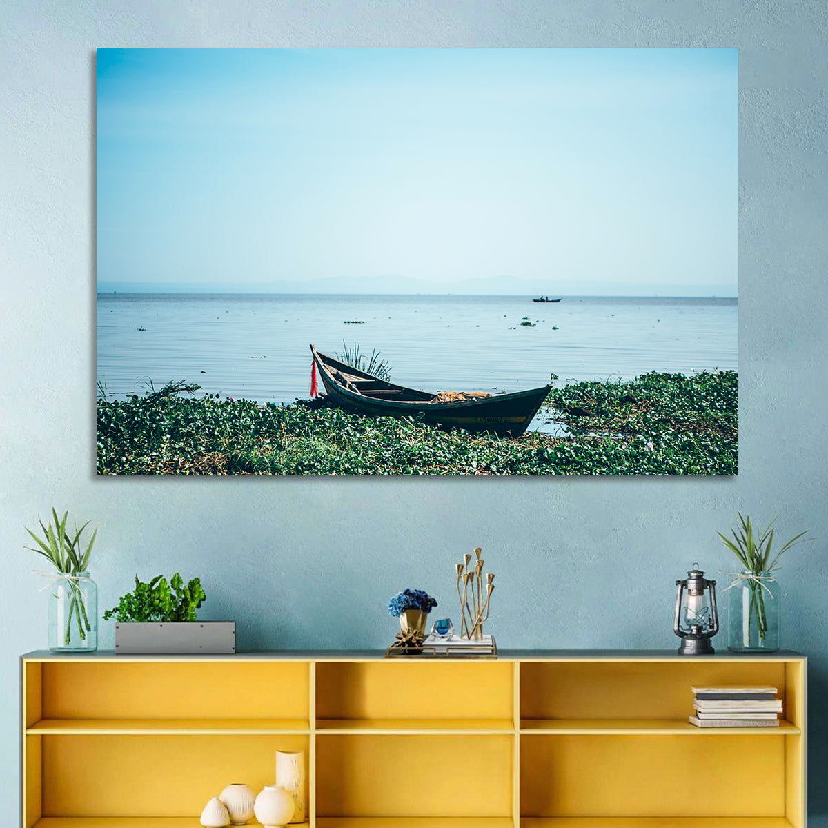 Red Ribbon Boat on Lake Victoria Wall Art in a room, landscape