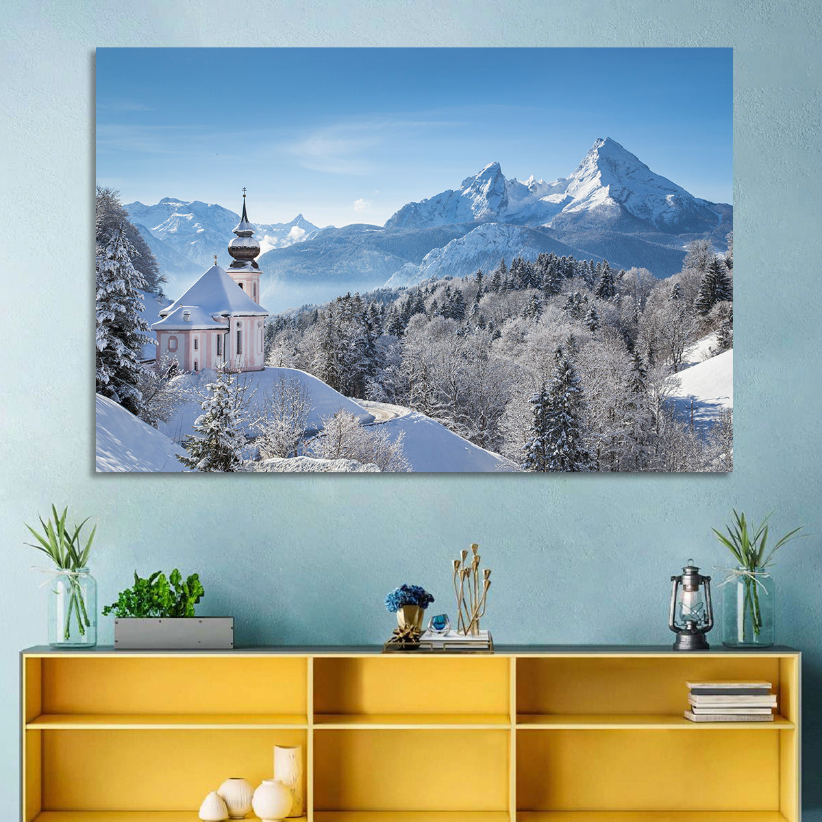 Maria Gern Church and Watzmann in Winter Wall Art in a room, landscape