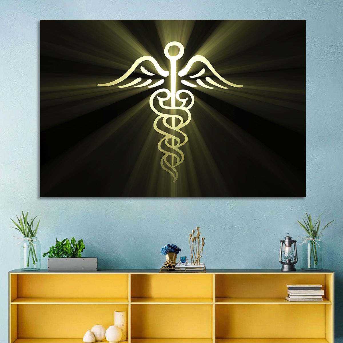 Medical Corps Caduceus Emblem Wall Art in a room, landscape
