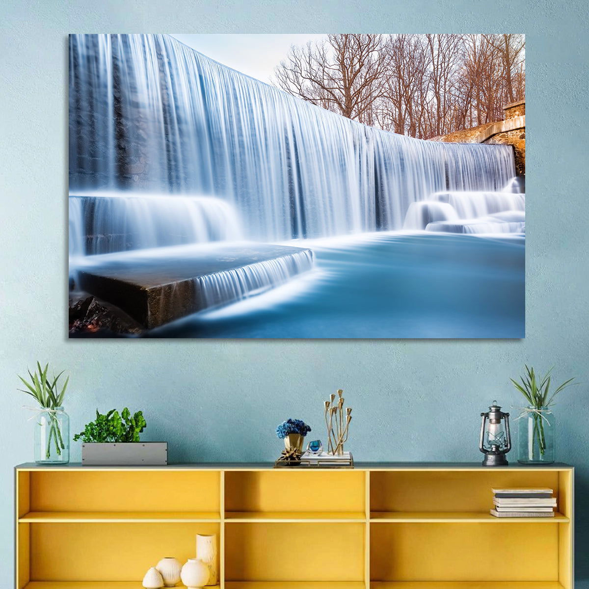 Seeley's Pond Winter Waterfall Wall Art in a room, landscape