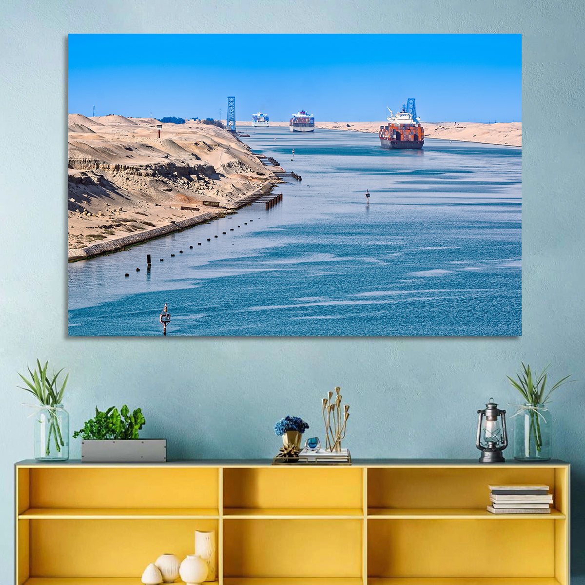 Suez Canal Container Ships Wall Art in a room, landscape