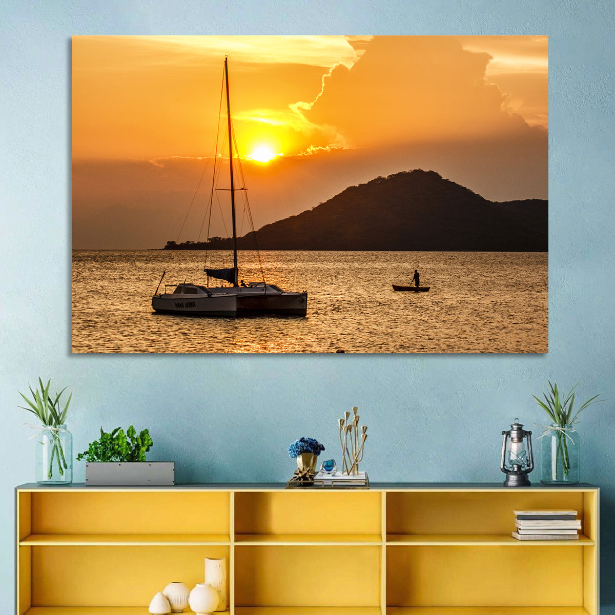 Mama Afrika Sunset, Lake Malawi Wall Art in a room, landscape