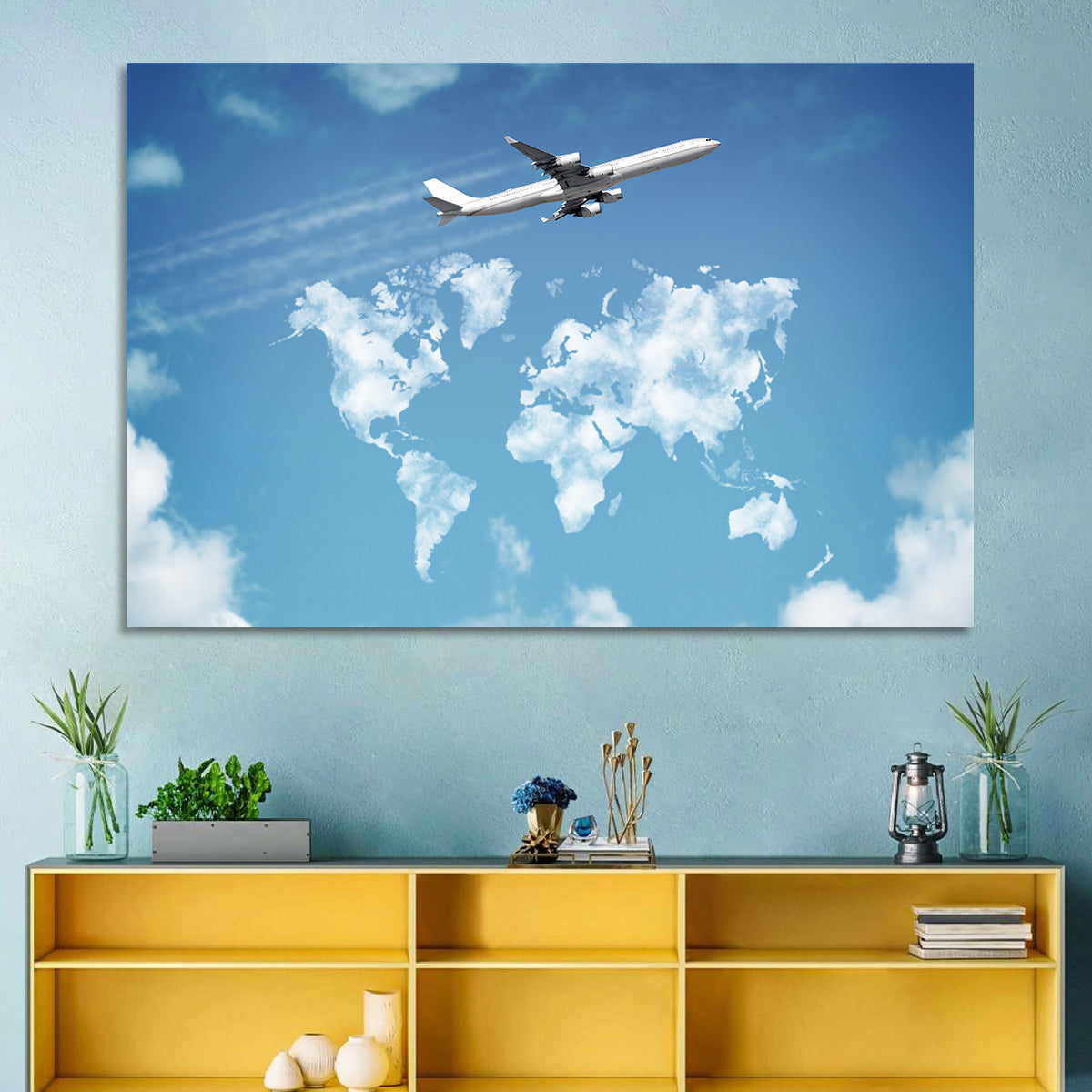 Jet Over Cloud World Map Wall Art