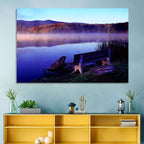 Bench at Misty Lake Sunrise Wall Art