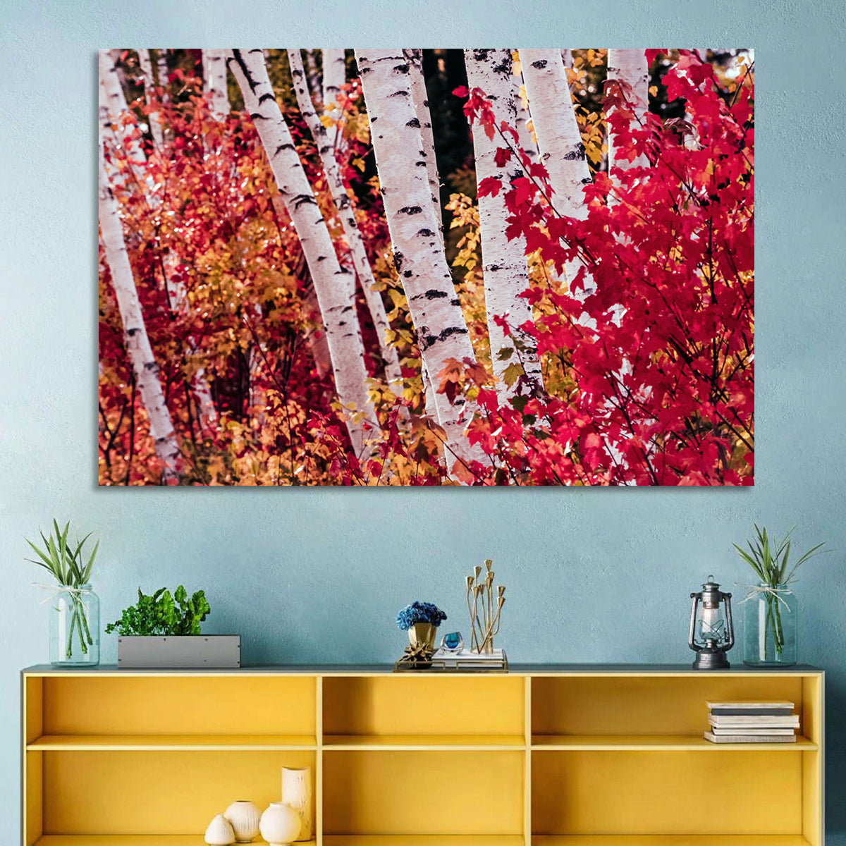 Autumn Birches with Crimson Maples Wall Art in a room, landscape