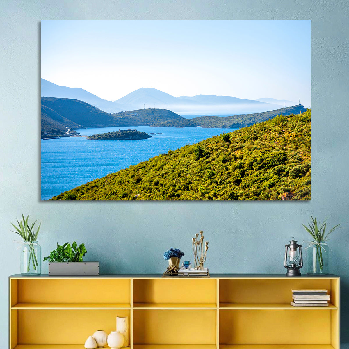 Porto Palermo Bay with Ali Pasha Castle Wall Art in a room, landscape