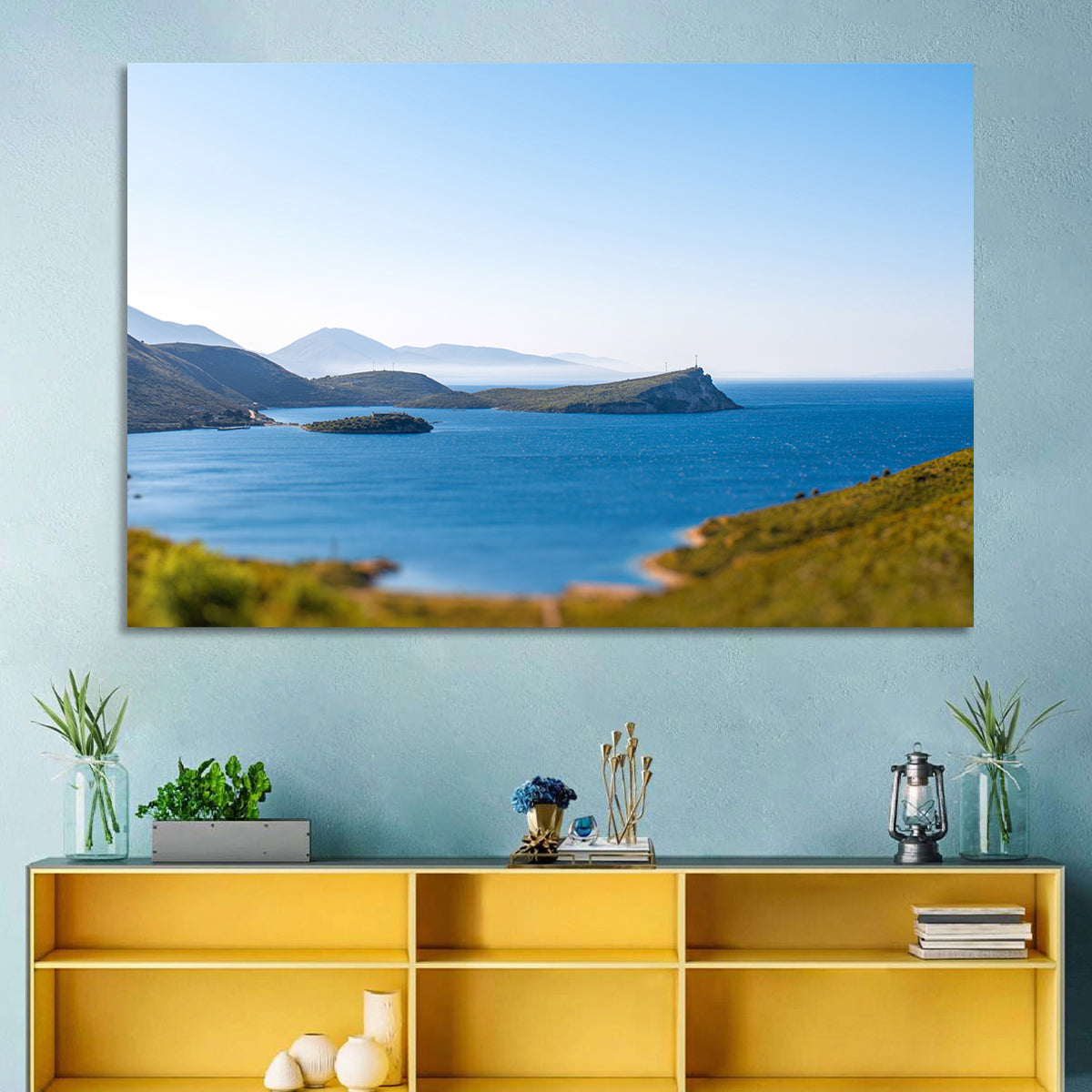 Coastal Cliffs and Lighthouse Bay Wall Art in a room, landscape