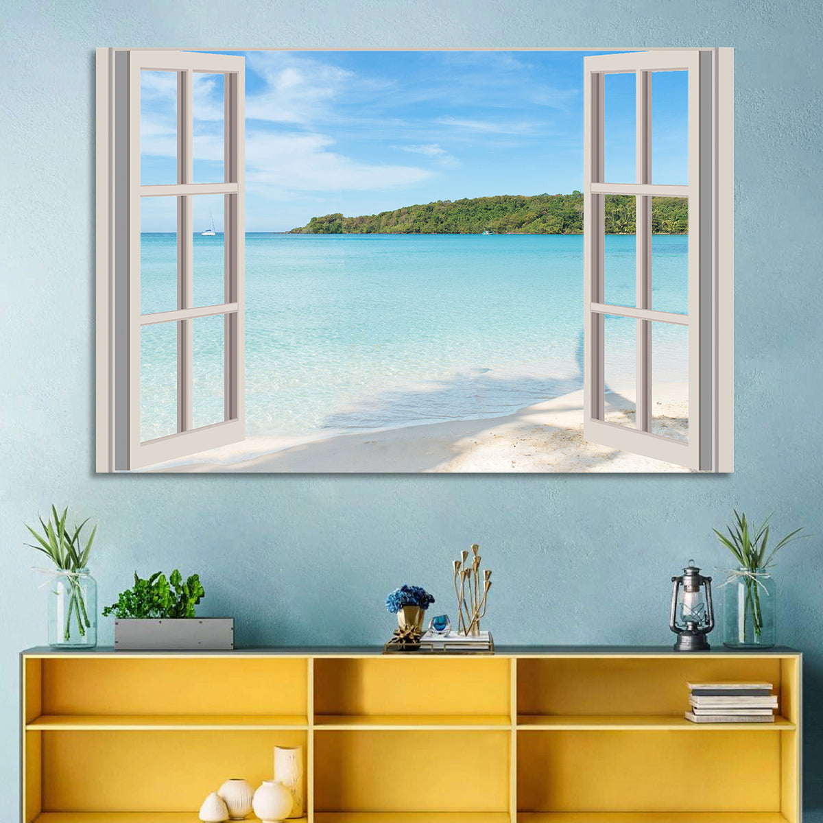 Turquoise Beach View Through Window Wall Art