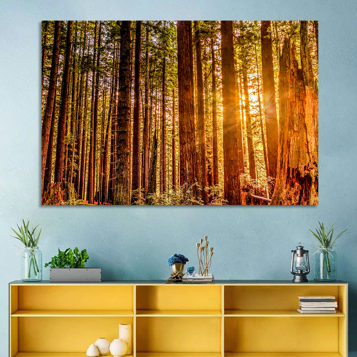 Golden Hour Redwood Sunburst Wall Art in a room, landscape