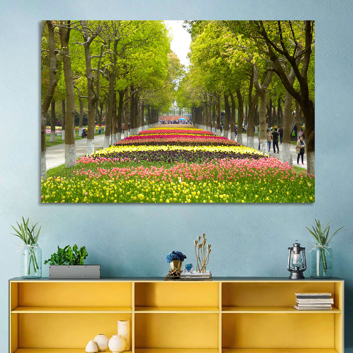 Tree-lined Tulip Garden Path Wall Art in a room, landscape