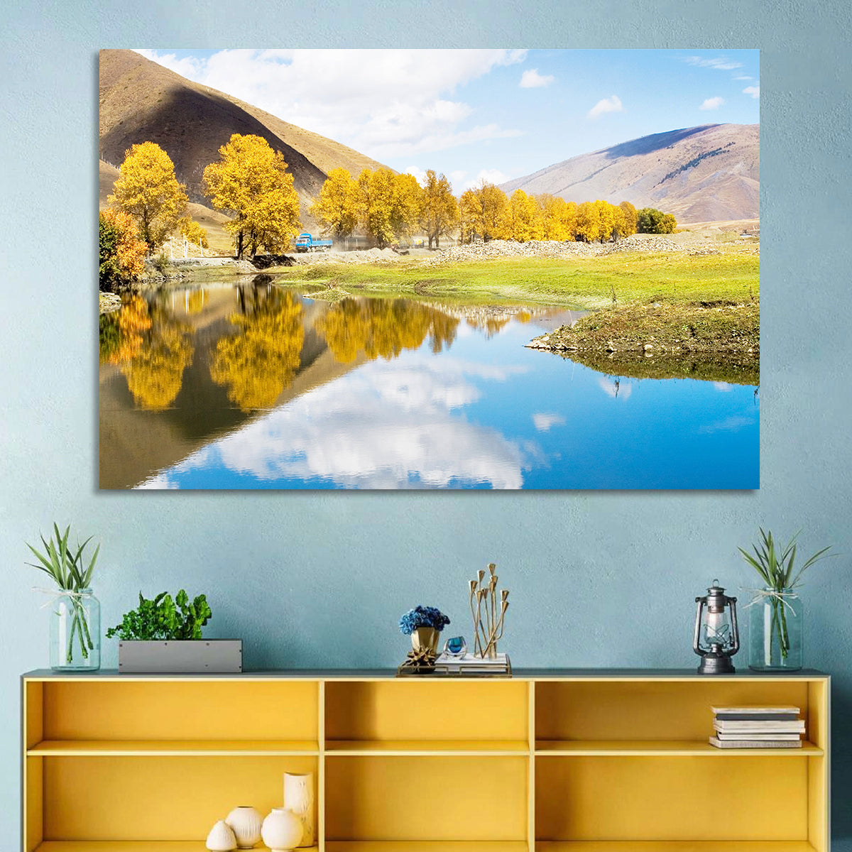 Chanxi Autumn Reflection Road Wall Art in a room, landscape