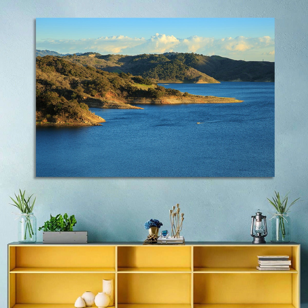 Lake Casitas Golden Hour Wall Art in a room, landscape