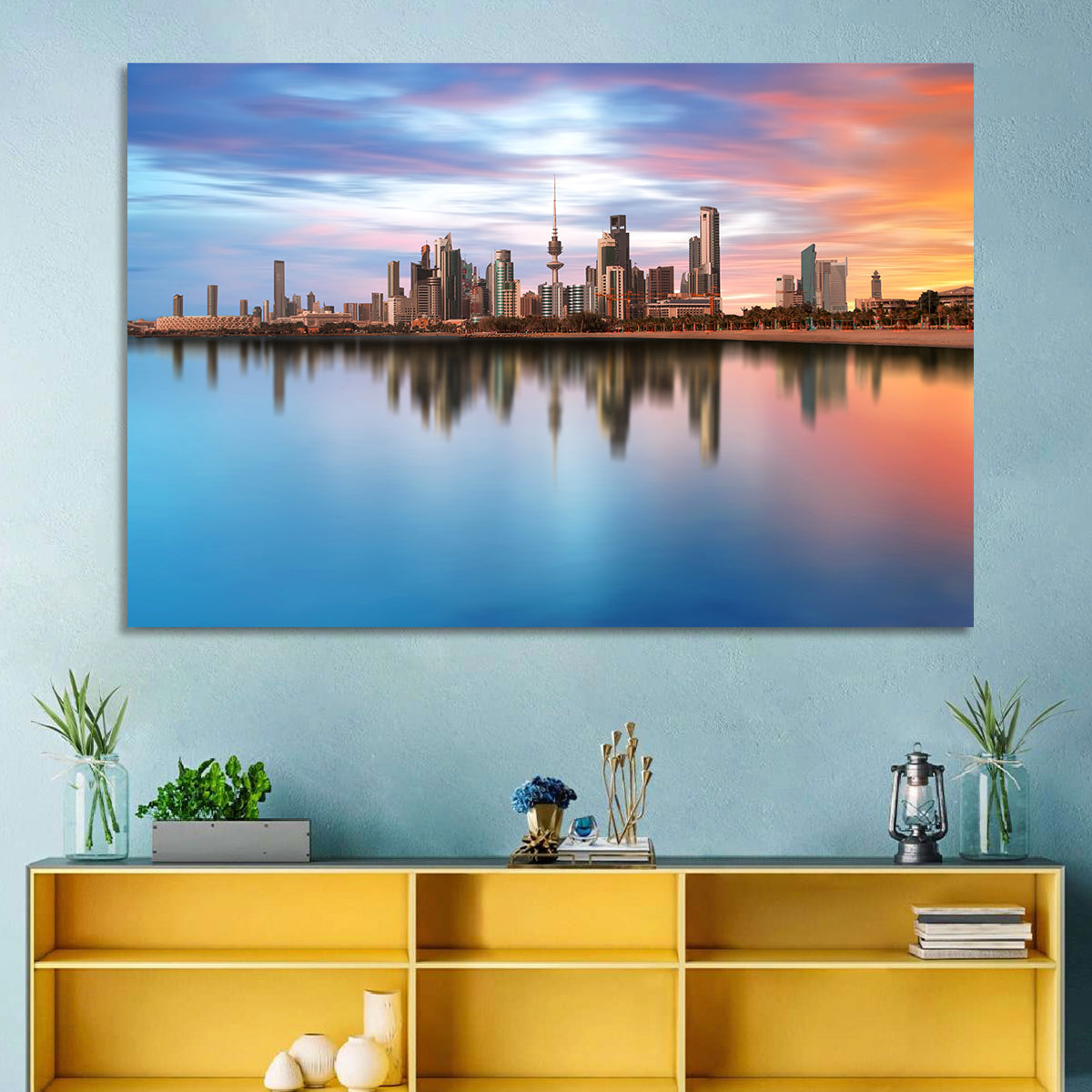 Kuwait City Skyline at Sunset Wall Art in a room, landscape