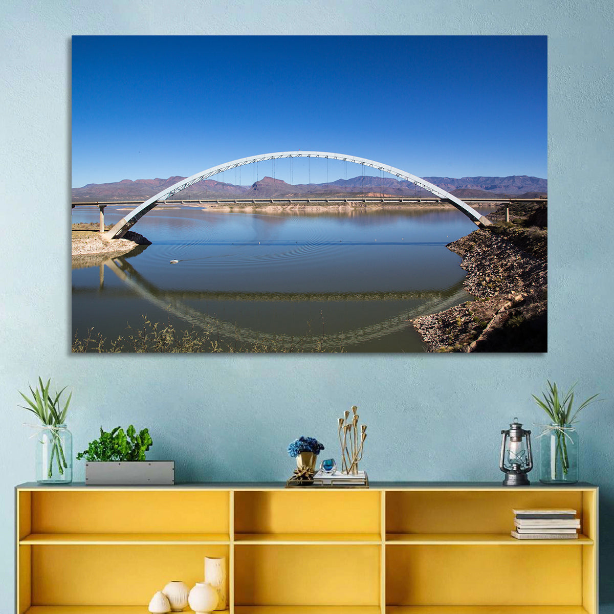 Roosevelt Lake Arch Bridge Wall Art in a room, landscape